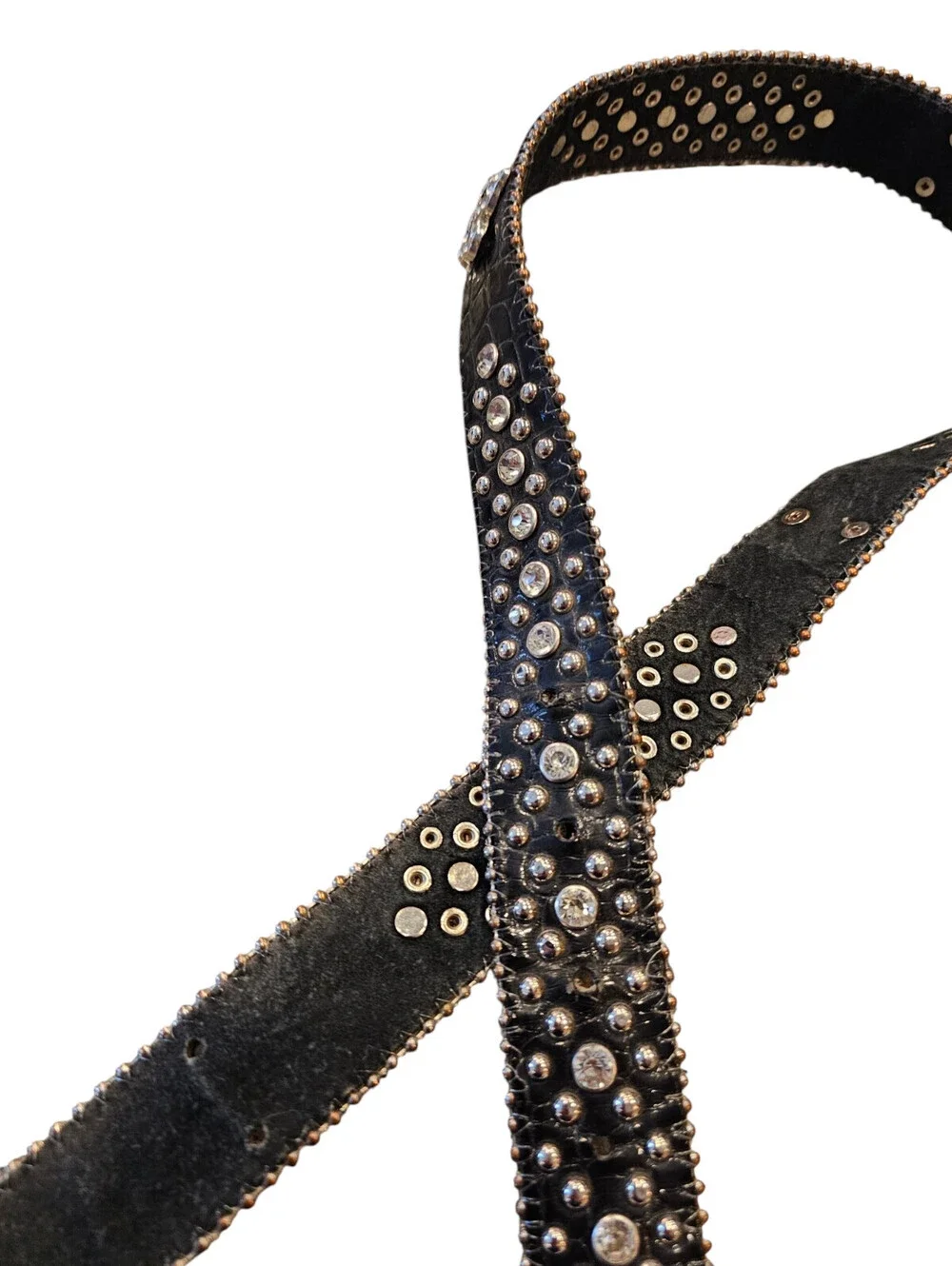 Black embossed leather western-style rhinestone studded belt Sz L/XL Y2K Bling